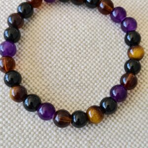 Pulsera de Amatista, Obsidiana, Cuarzo Ahumado y Ojo de Tigre Natural